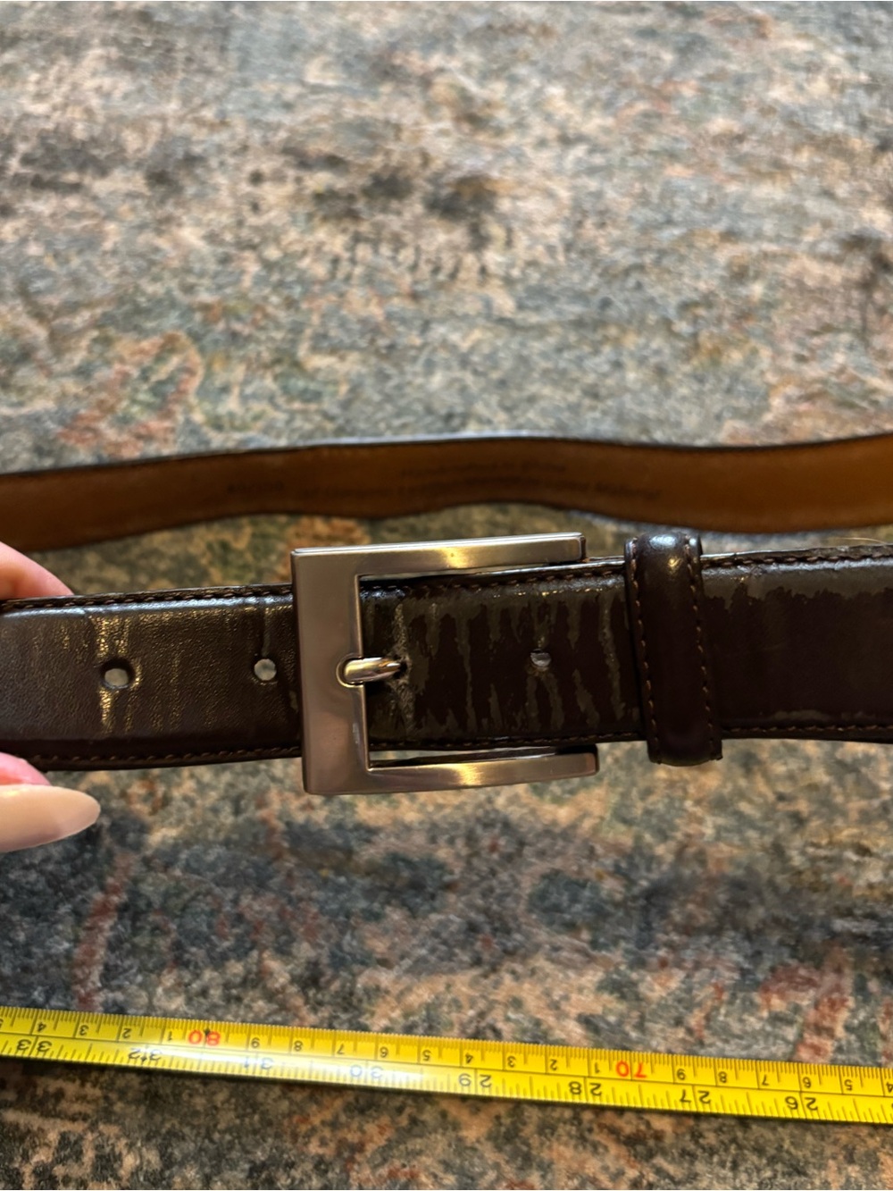 Men's Dark Brown Patina Leather Belt with Brushed Silver Buckle